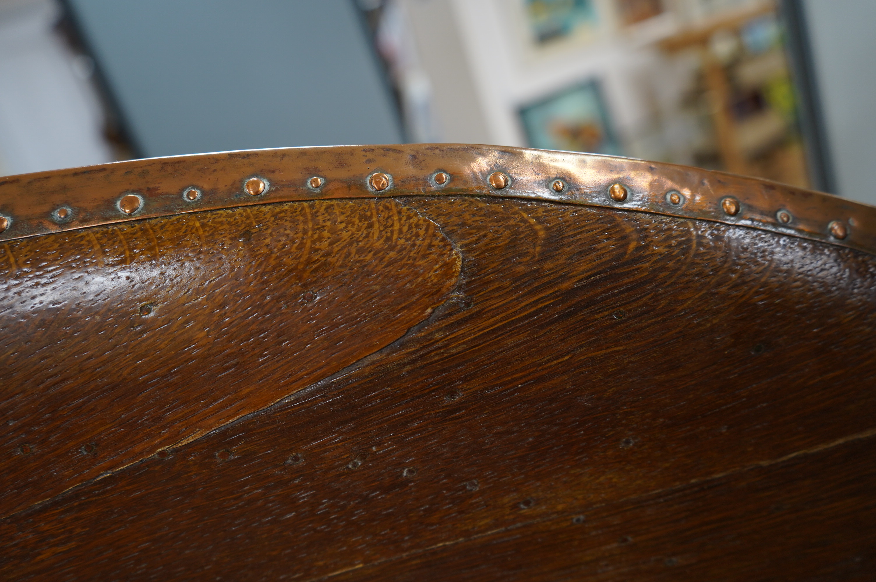 An early 20th century American laminated oak propeller with copper clad blade edges, Paragon stamp to the blade, 251cm wide. Condition - good